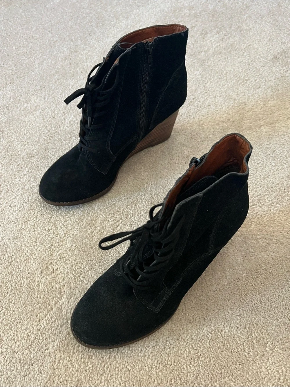 Lucky Brand Black Suede Lace-Up Wedge Ankle Boots